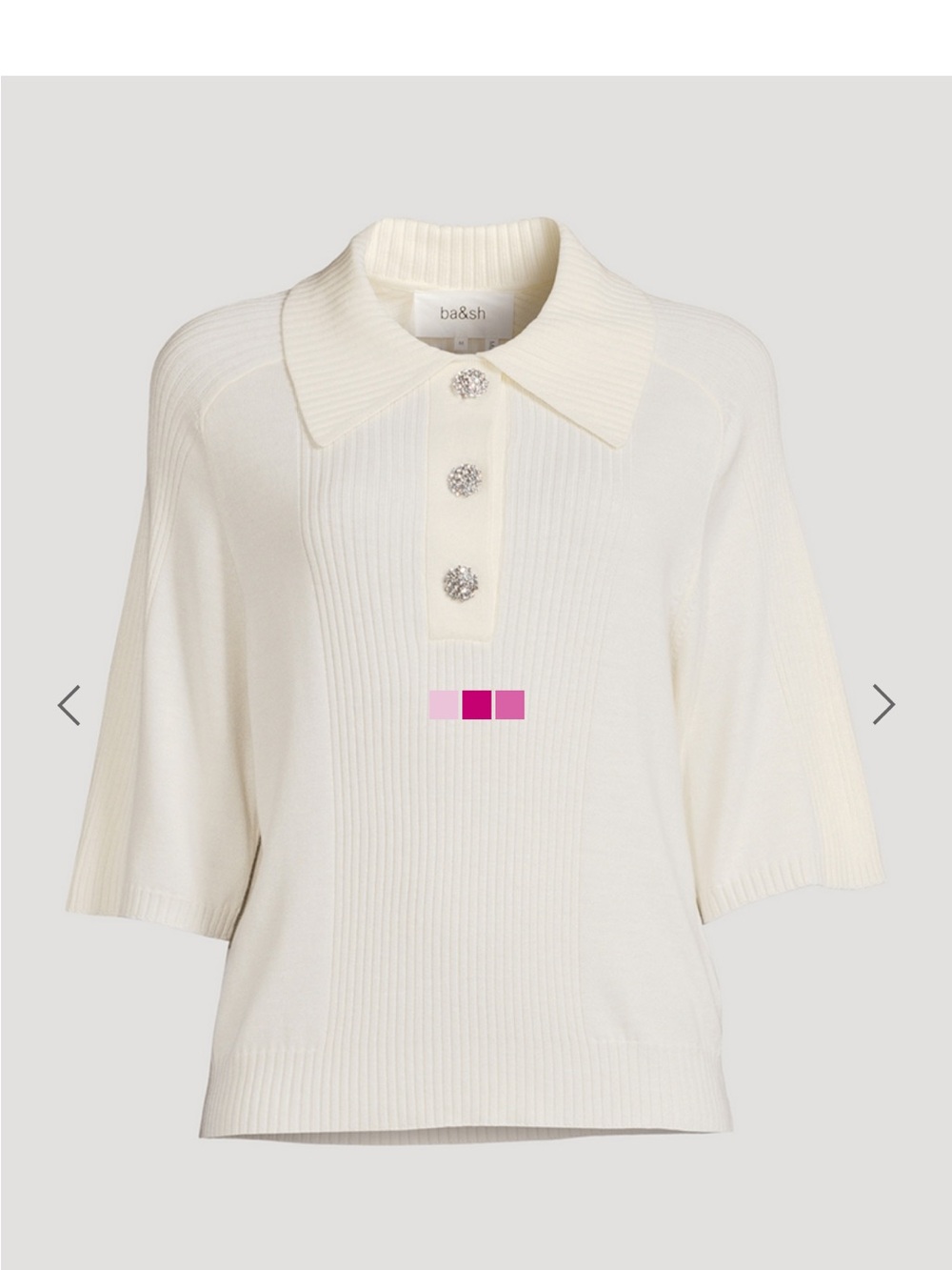 ba&sh Cream Ribbed Polo Sweater with Rhinestone Buttons - Picture 2 of 9